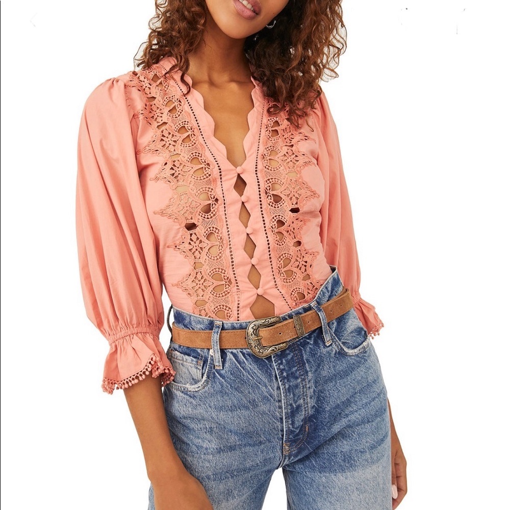 Free People Pink Lace Detail Top